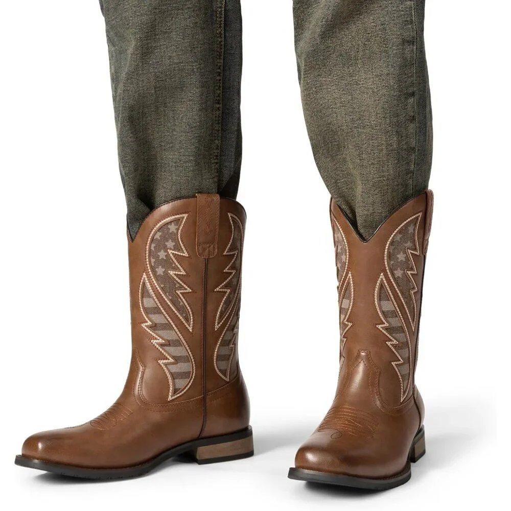Men's Brown Durable Cowboy Classic Slip On Western Boots With Chic Embroidered